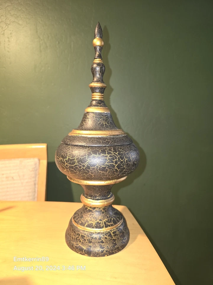 Vintage Burmese Painted Carved Wood Offering Vessel Black Gold - Image 2 of 4