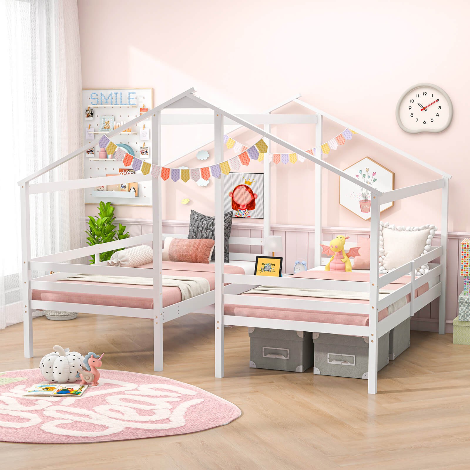 Double Twin Size Bed Frames for Kids w/ Built-in Table & USB Port Guardrails