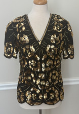 Papell Boutique Evening Top Vintage Black Silk w/Gold Sequins  beads Small MINT