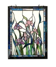 Stained Glass Iris Floral Window Art Rectangular Panel Vintage Handmade Decor