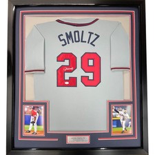 FRAMED Autographed/Signed JOHN SMOLTZ 33x42 Atlanta Grey Baseball Jersey JSA COA