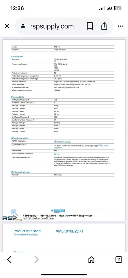 Telemecanique XLMK010B2D71 Pressure Transmitter - Image 3 of 4