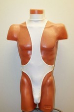 Men Thong Leotard 154-12 High Collar Low Thigh Open White Spandex Size S