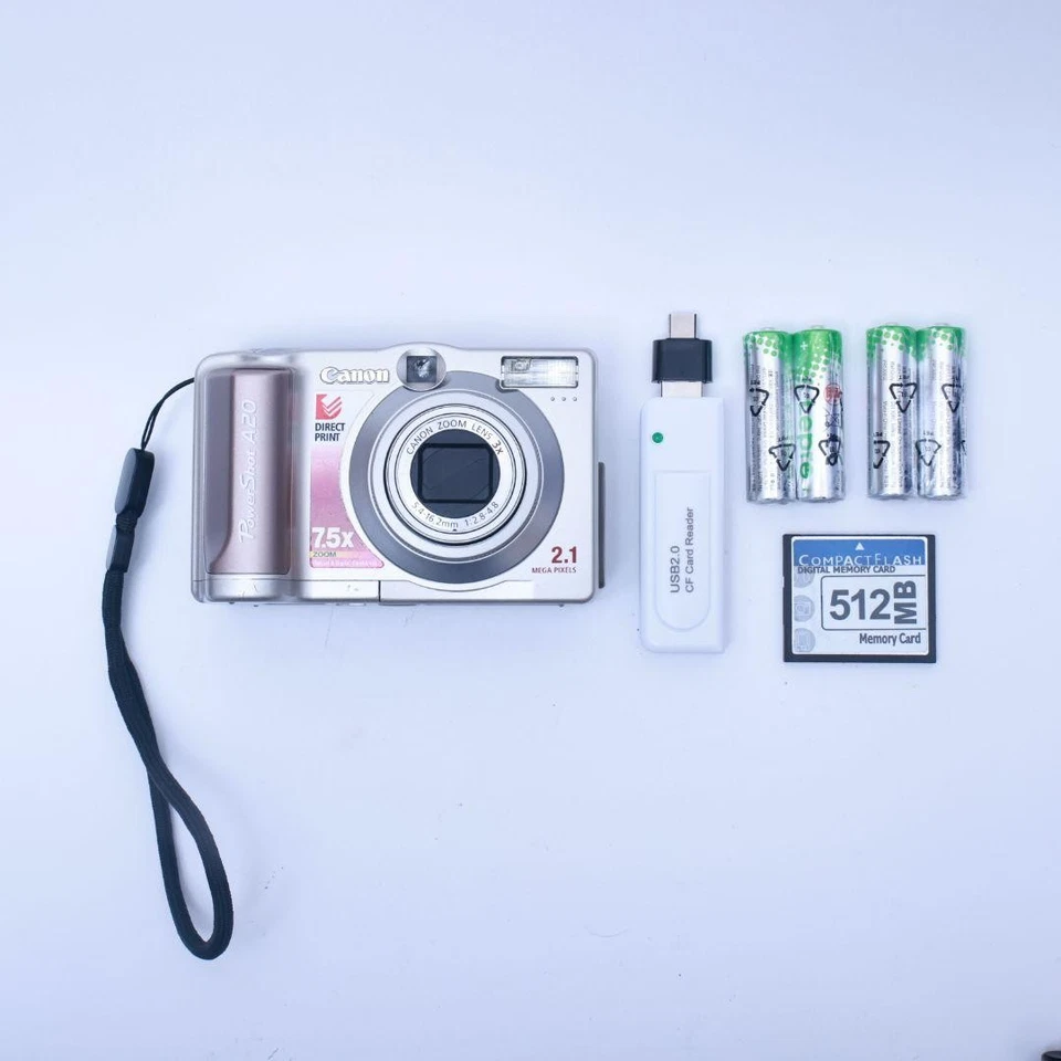 Canon PowerShot A20 Silver Digital Camera w/ CF Card & Reader Tested Works Japan - Image 2 of 4