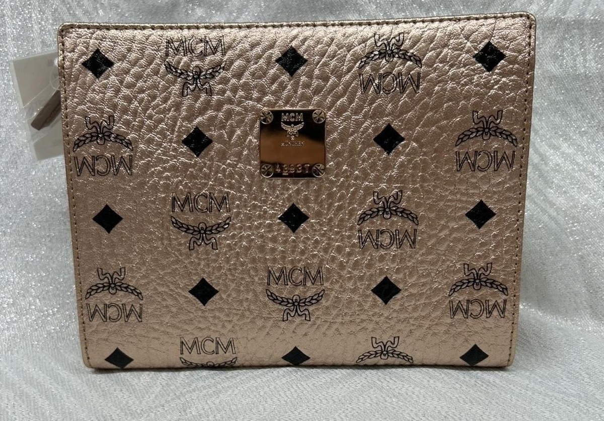 MCM Visetos Authentic Metallic Pink Handbag Pouch Logo Clutch Bag Multi-case