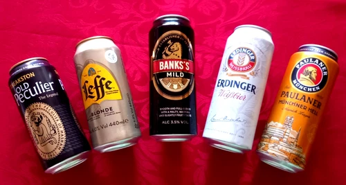 x5 EMPTY BEER CANS PAULANER MUNICH, LEFFE, BANKS'S MILD, OLD PECULIER, ERDINGER