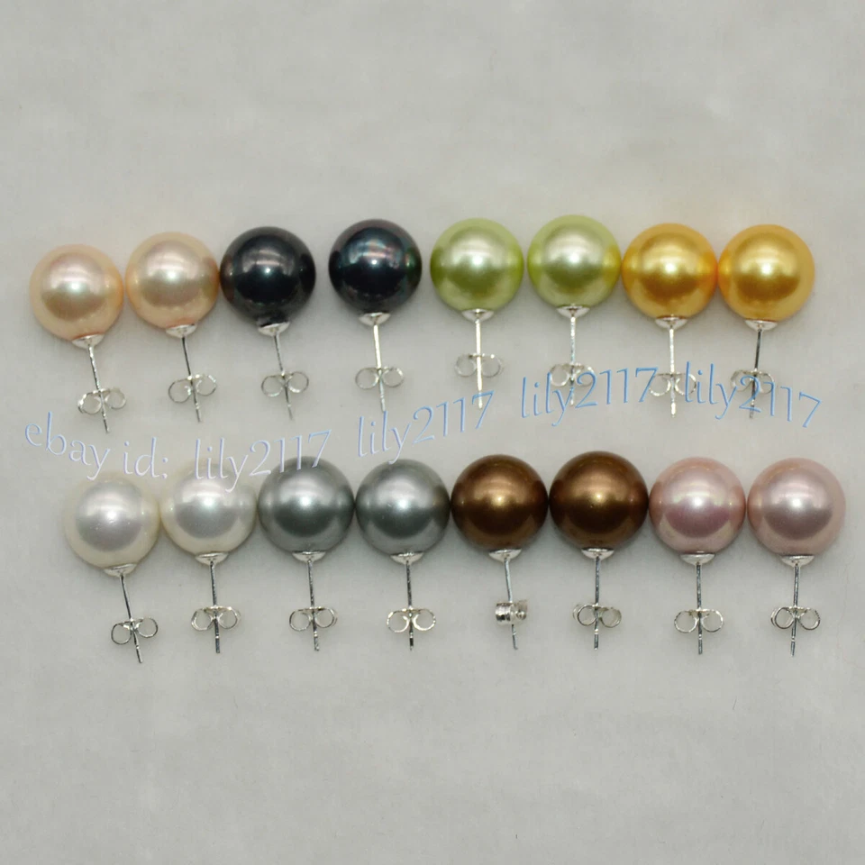 8 pares de aretes redondos de plata concha multicolor del Mar del Sur de 10/12/14 mm Foto 3 de 4