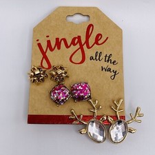 Jingle All The Way 3 Pairs Christmas Earrings New Reindeer Bows Sparkle