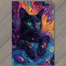 POSTCARD Black Cat Green Eyes Lying on Colorful Psychedelic Kitty Halloween
