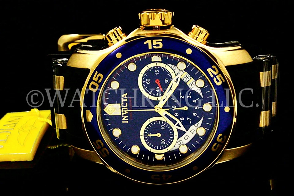 NUEVO Reloj Invicta Hombre Scuba Pro Diver Cronógrafo Chapado en Oro 18K Esfera Azul S.S Poli Foto 3 de 4