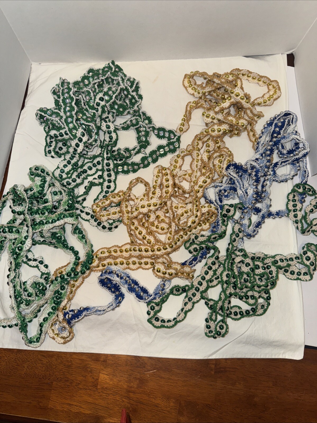 7 Handmade 9' Crochet Metallic Green,Gold,Blue Shiny Beads Christmas Garland 63'