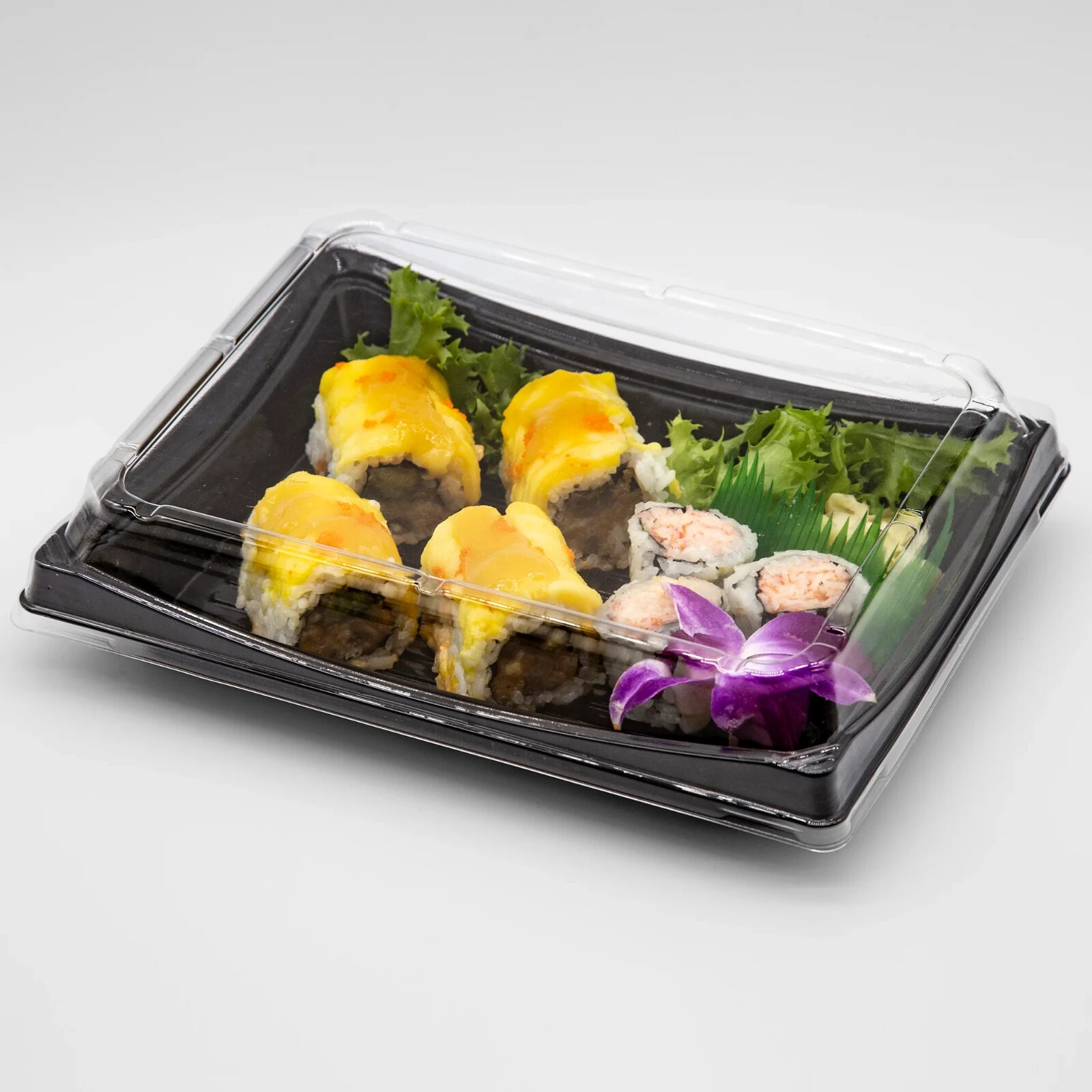 200 juegos ST-50 bandeja rectangular azul/negro para sushi PET con tapa 9,4*5,5*2,2 pulgadas