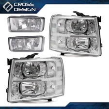 Fit For 07-14 CHEVY SILVERADO CHROME HOUSING CLEAR CORNER HEADLIGHT +FOG LIGHTS