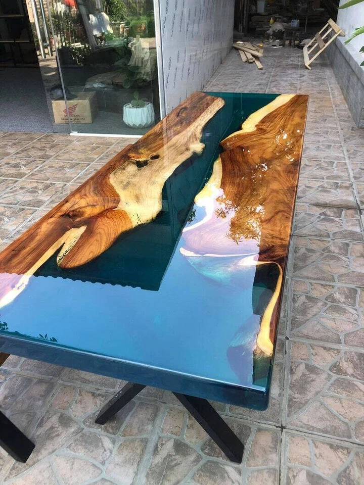 Green Epoxy Resin River Custom Dining Table Handmade Natural Wood Tables Decors - Image 3 of 4