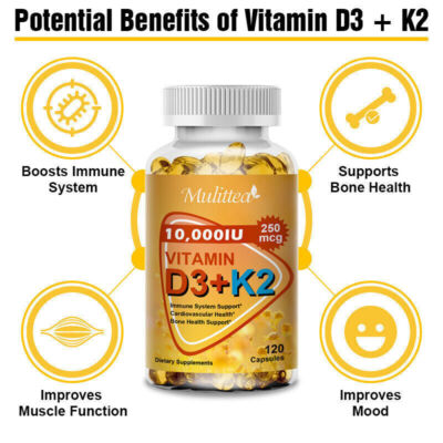 Vitamin K2 (MK7) with D3 10000 IU Supplement, BioPerine Capsules, Immune Health