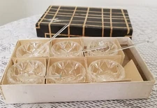 6 Glass Crystal Salt Cellars with 4 Spoons Made in Czechoslovak in Original Box
