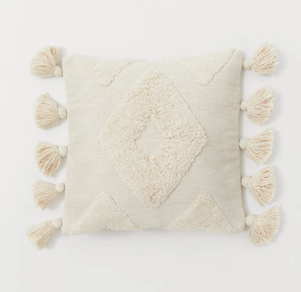H&M Home Cuscino Cover con Nappe Crema Nude Beige Avorio Pom Quadrato Boho - Immagine 4 di 4