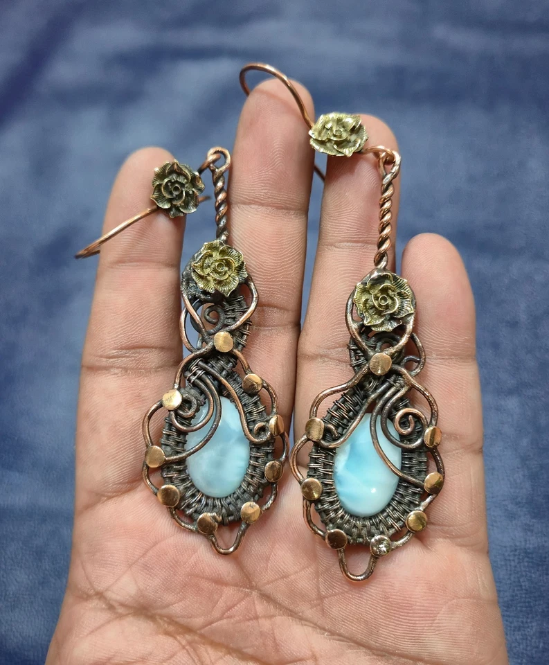 Pendiente Larimar hecho a mano envuelto en alambre piedras preciosas joyería para regalo de cumpleaños Foto 4 de 4