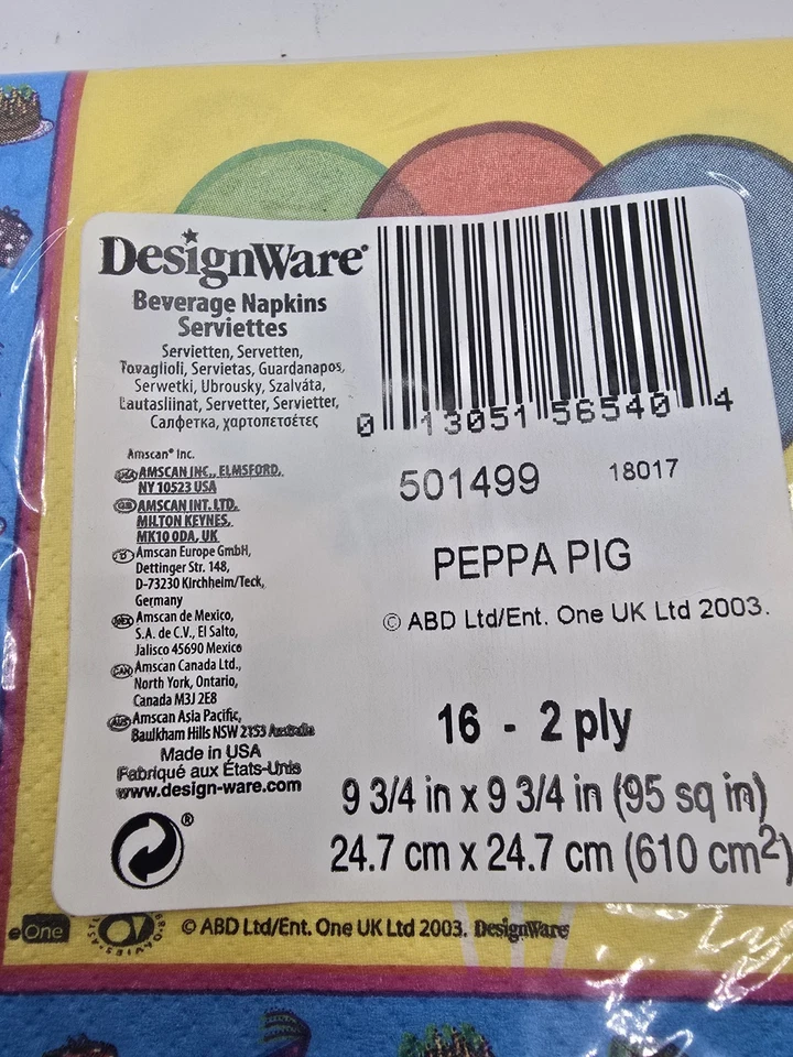 2003 Peppa Pig вечеринки салфетки упаковка из 16 DesignWare напиток салфетки 2 слоя - Изображение 2 из 2