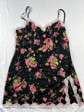 Vintage Victoria's Secret Y2K Satin Black Pink Floral Lace Trim Slip Dress M