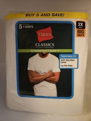 Hanes Men's Tagless Crew Neck T-Shirts Pkg of 5 Size 2X - White