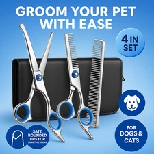 Dog Grooming Scissors Set Curved Thinning Shears Comb Kit for Pet Hair Trimming