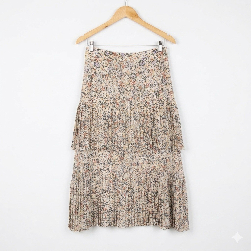 The Collective Floral Pleated Tiered Midi Skirt Cream Lavender Boho Size Small