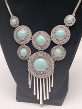 Boho Silver Tone Turquoise Statement Necklace Fringe Southwestern Bib