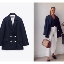 Zara Womens Navy Blue Double Breasted Blazer Contrast Buttons Size M Blogger Fav