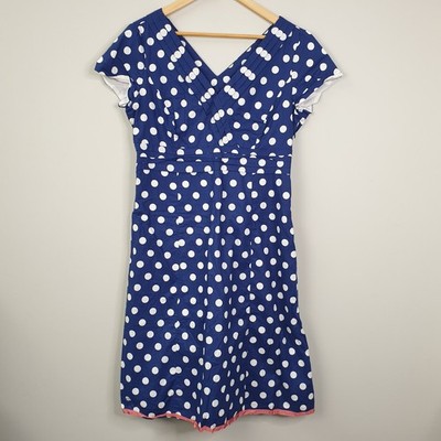 Boden Kleid Damen UK 14R blau gepunktet Plissee Fit Flare Retro Sommer
