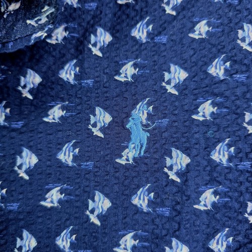 Ralph Lauren Textured Fish Button Front Shirt Boys Medium 10/12 Blue Ocean New - Picture 3 of 9