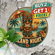 Tropical Tiki Beach Poster Round Tin Sign Totem Character Metal Wall Decor 8x8