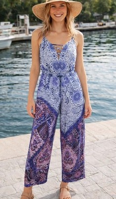 Lipsy blau Paisley Print Overall Größe 12 Bein 31' leicht Urlaub Freizeit Neu mit Etikett