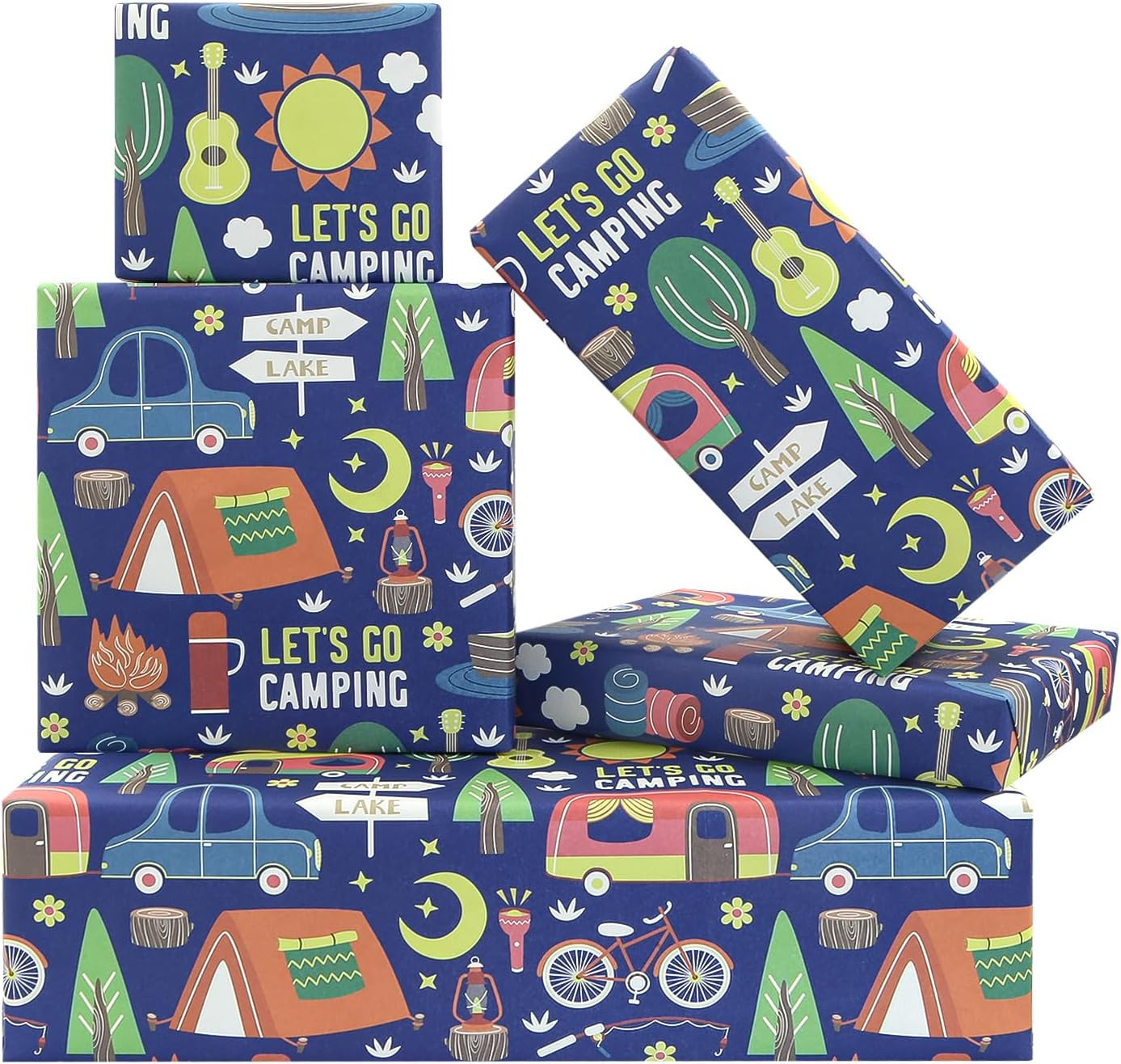 Let'S Go Camping Wrapping Paper, Adventure Tent Tree Car Torch Camp Theme Patter