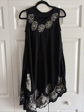 Batik Boho Handkerchief Hem Tunic Dress Womens Size OS Black White Rayon Floral