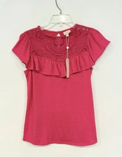 NEW Greige Women's Blouse Size Small Pink Textured Slub Knit Ruffle Lace Chest