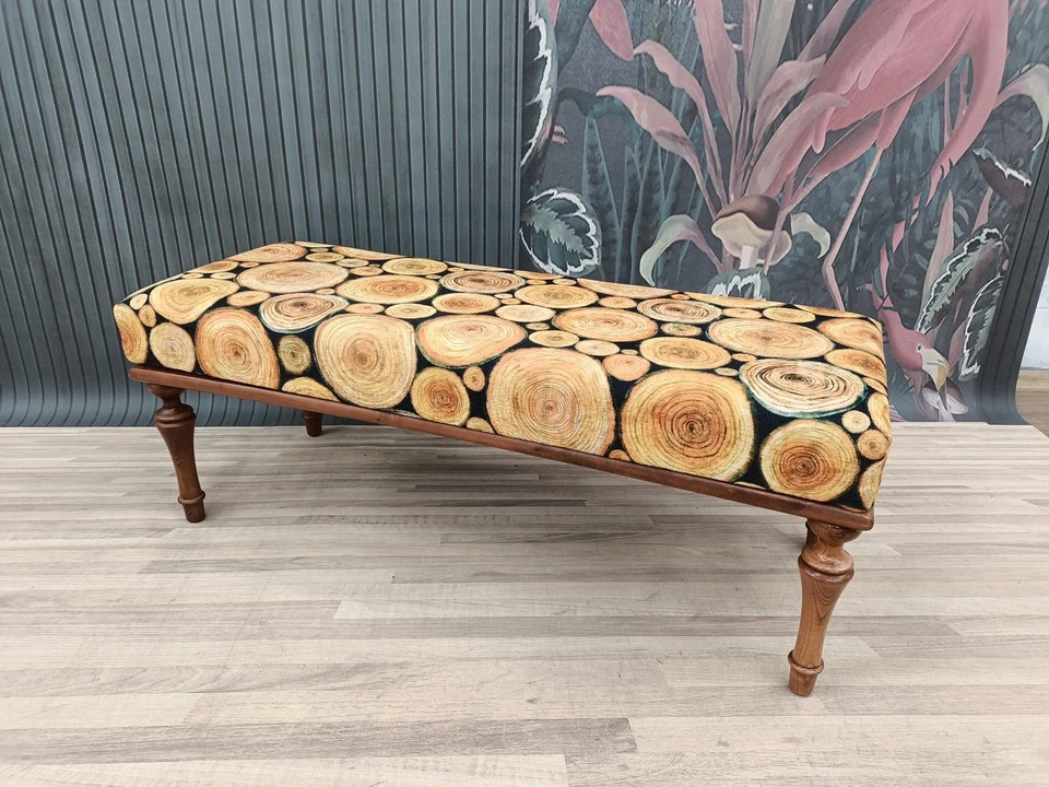 Wood Pattern Bench Handmade Furniture Piano Bench Upholstered Ottoman Bench - Image 3 of 4