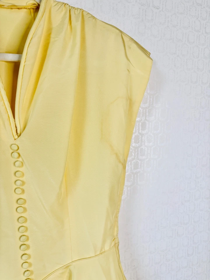 VESTIDO DE FIESTA DE TAFETÁN AMARILLO DE COLECCIÓN AÑOS 40-50 LARGO COMPLETO PRINCESA GRADUACIÓN*TIENE MANCHAS*S/M Foto 3 de 4
