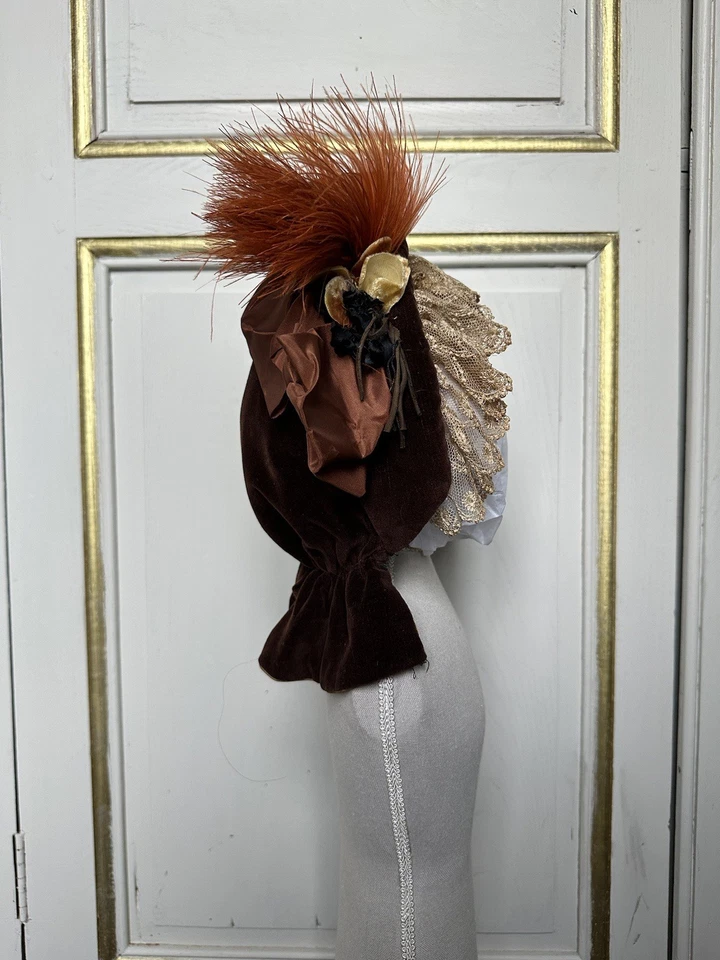 Bonnet Ancien Chapeau De Poupée Grande Taille Bébé En Velours Plume Fleurs - Photo 3/4