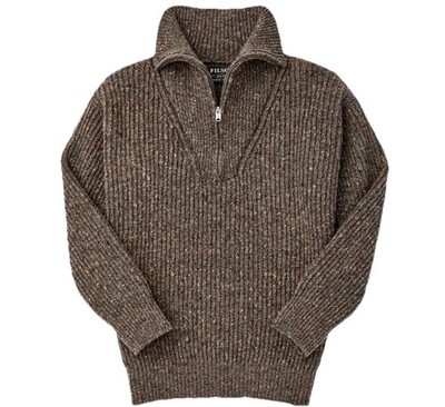 Filson Funnel Neck Zip Sweater 20115154 MADE IN SCOTLAND Grey Brown Merino Wool