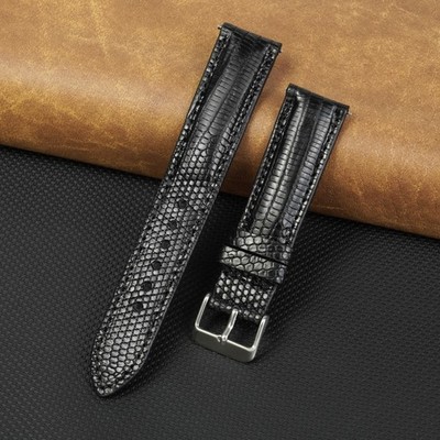 22mm Black Lizard Leather Watch Band Men Classic Real Watch Strap Quick Release