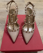 Valentino Beige Leather Studded Strappy Ankle Strap Stiletto Heels Women's 9