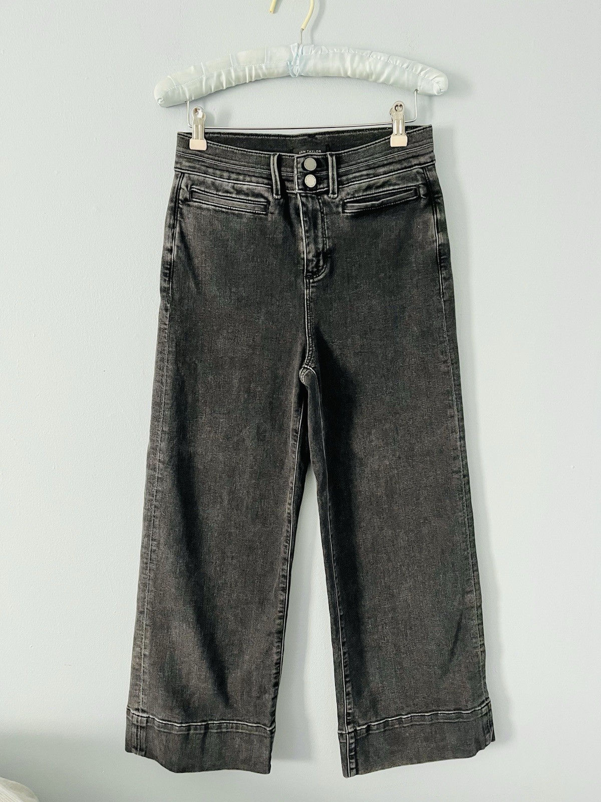 Ann Taylor Women Jeans Size 2 Black Denim Trouser Wide-Leg High-Rise Boho Chic