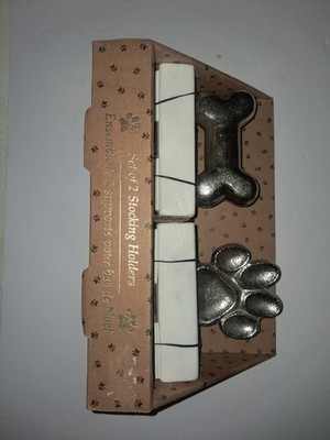 Metal Silver Paw & Bone On Marble Base. Christmas Stocking Holder Two Pack