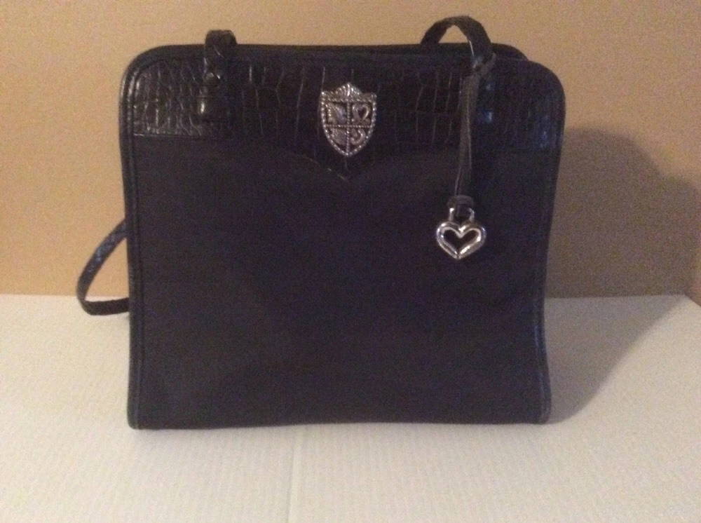 Brighton Black Canvas Croco Leather Silver Shield Crest Shoulder Handbag Purse