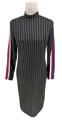 No Comment-NY-Black Striped Mock Neck Dress-Red, White & Blue Stripe Sleeve-Med