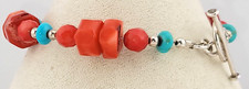 Men's Southwestern Red Coral Blue Turquoise Silver Bead 8" Bracelet Toggle Clasp