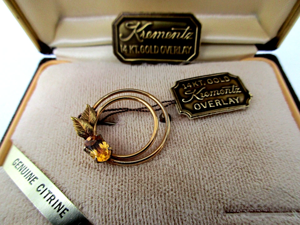 Prendedor de citrino espiral KREMENTZ firmado vintage años 60 retro con superposición de oro de 14 quilates caja original Foto 4 de 4