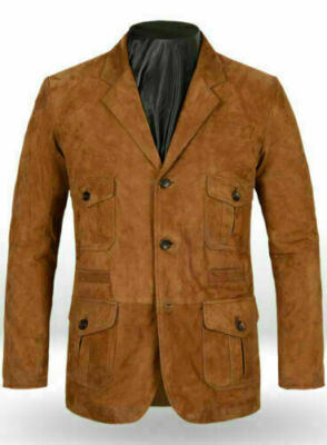 Brown Leather Blazer Men Pure Suede Coat Jacket 2 Button Size S M L XL XXL