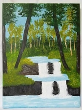 acrylic painting on a 9x12 canvas of a double waterfall 